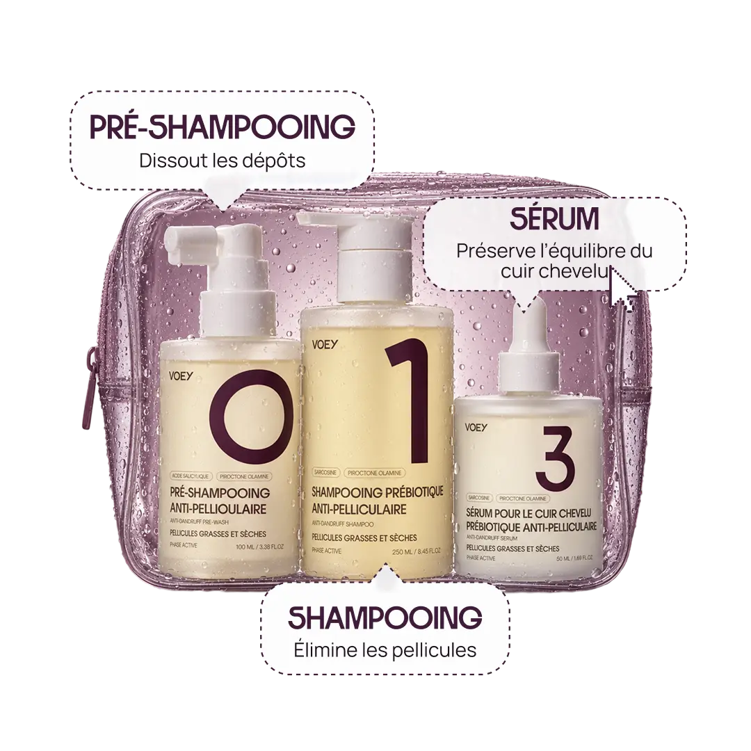 A three-step hair care set by VOEY displayed on a translucent lavender zip pouch. The set includes a pre-shampoo bottle, a shampoo bottle with a large number '1' on the front, and a serum bottle with a large number '3'.