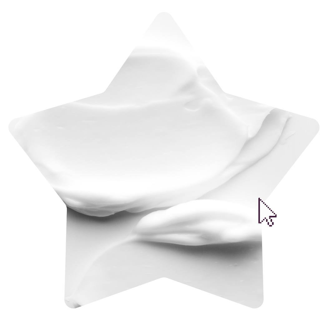 A white star-shaped sticker or decal featuring a glossy, swirled cream or whipped texture, shown on a plain white background with a small mouse cursor near the lower right.