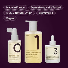 Three VOEY anti-haircare bottles arranged on a dark purple background with marketing text at the top: a pump bottle labeled 0, a larger pump bottle labeled 1, and a dropper bottle labeled 3. The bottles are cream/off-white with large black numerals and black text.
