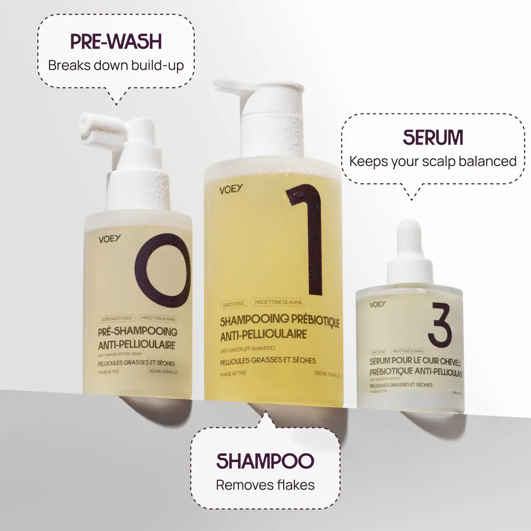 Three VOEY haircare bottles arranged on a white background with callout labels: Pre-Wash, Shampoo, and Serum. The bottles are frosted with pale yellow liquid and white caps/pumps.