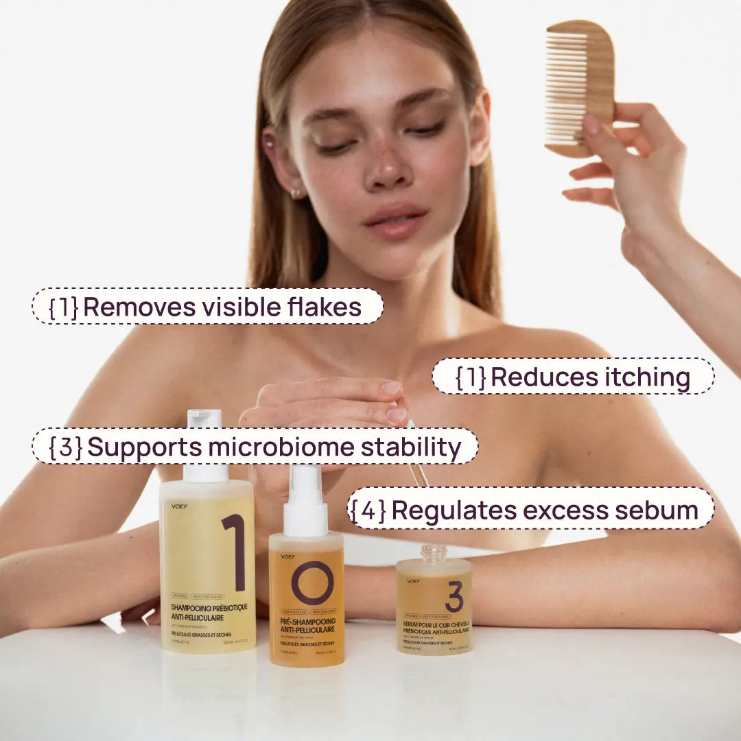 A woman with closed eyes holds a wooden comb while three shampoo bottles are displayed in front with text callouts describing benefits of the shampoo ingredients. The bottles are frosted with pale yellow liquid and labeled 1, 2, and 3.