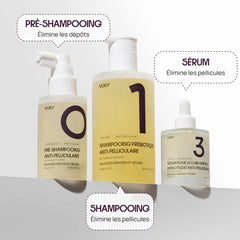 Three VOEY haircare bottles arranged on a light gray background with French callout labels pointing to each: Pré-Shampooing, Shampooning, and Sérum. The bottles contain pale yellow liquid and have white caps and white labels with large black numbers 1, 0, and 3.