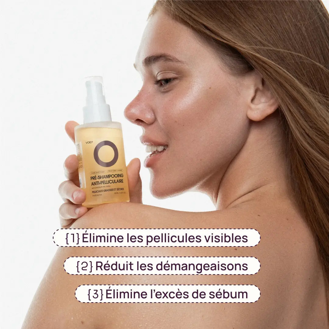 A woman in profile holds a bottle of VOEY pre-shampoo. The bottle is a warm golden yellow with a white pump dispenser.