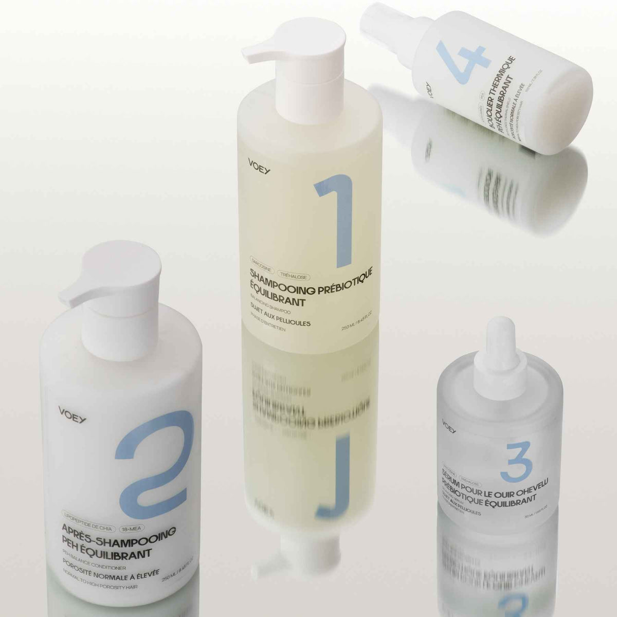 Four white Voøy hair care bottles arranged on a glossy white surface, numbered 1 to 4 in large blue numerals. The center bottle is a pump bottle labeled pre-blowout shampoo, with other bottles showing after shampooing, after styling, and final rinse.